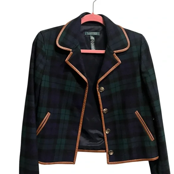 Ralph Lauren Women's Navy Blue, Green Plaid Jacket with brown leather trim acc
